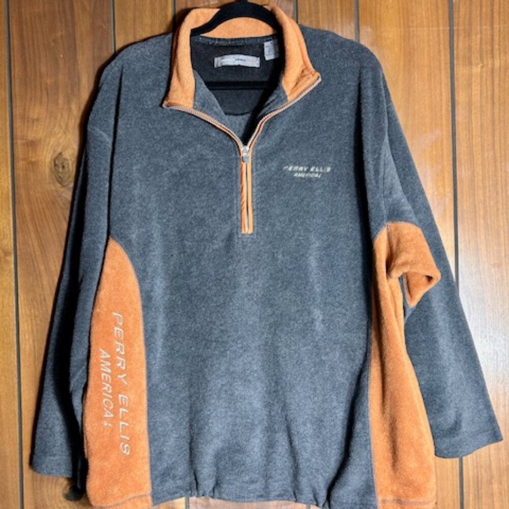 Perry Ellis America Fleece Qtr Zip L/S Jacket Men’s Size XL Gray/Burnt Orange
